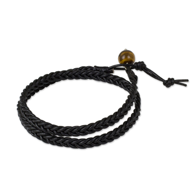 Mens Hand Braided Black Leather Wrap Bracelet - Double Ebony | NOVICA
