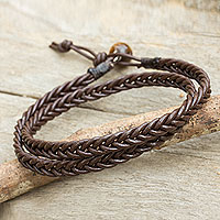 Men's tiger's eye and leather wrap bracelet, 'Double Chocolate' - Hand Braided Brown Leather Mens Wrap Bracelet