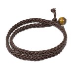Men's tiger's eye and leather wrap bracelet, 'Double Chocolate' - Hand Braided Brown Leather Mens Wrap Bracelet