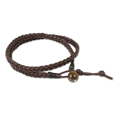 Men's tiger's eye and leather wrap bracelet, 'Double Chocolate' - Hand Braided Brown Leather Mens Wrap Bracelet