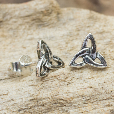 Sterling silver stud earrings, 'Celtic Trinity' - Handcrafted Celtic Trinity Knot Sterling Silver Earrings