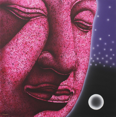 'The Ayutthaya Meditation II' - Buddha in Pink Signed Painting from Thailand