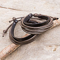 Men's leather wristband bracelets, 'Bold Brown Contrast' (pair) - Men's Black Leather and Brown Cotton Bracelets (Pair)