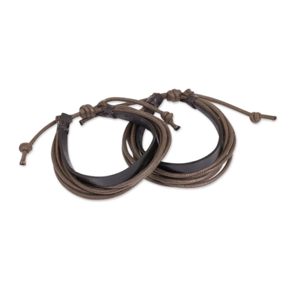 Men's leather wristband bracelets, 'Bold Brown Contrast' (pair) - Men's Black Leather and Brown Cotton Bracelets (Pair)