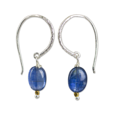 Kyanite dangle earrings, 'Accents' - Kyanite on Sterling Silver Hook Earrings with 24k Gold Beads