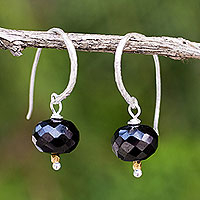 Onyx dangle earrings, 'Accents' - Onyx on Sterling Silver Hook Earrings with 24k Gold Beads
