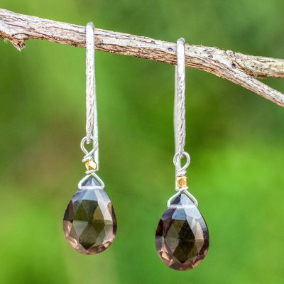 Gold accent smoky quartz dangle earrings, 'Effortless Glam' - Artisan Crafted Smoky Quartz Gold Accent Earrings