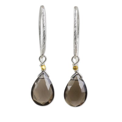 Gold accent smoky quartz dangle earrings, 'Effortless Glam' - Artisan Crafted Smoky Quartz Gold Accent Earrings
