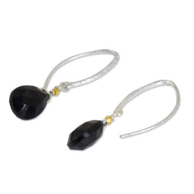 Gold accent onyx dangle earrings, 'Effortless Glam' - Black Onyx Artisan Crafted Gold Accent Earrings