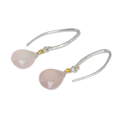 Gold accent chalcedony dangle earrings, 'Effortless Pink Glam' - Silver Handcrafted Pink Chalcedony Gold Accent Earrings