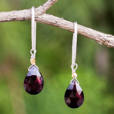 Gold accent garnet dangle earrings, 'Effortless Glam' - Garnet Gold Accent Artisan Crafted Silver Earrings