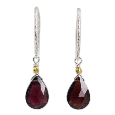 Garnet Gold Accent Artisan Crafted Silver Earrings