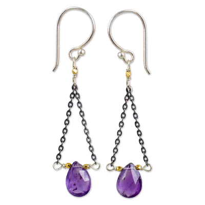 Amethyst dangle earrings, 'Justice' - Amethyst Dangle Earrings with Contrasting Finishes