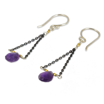 Amethyst dangle earrings, 'Justice' - Amethyst Dangle Earrings with Contrasting Finishes