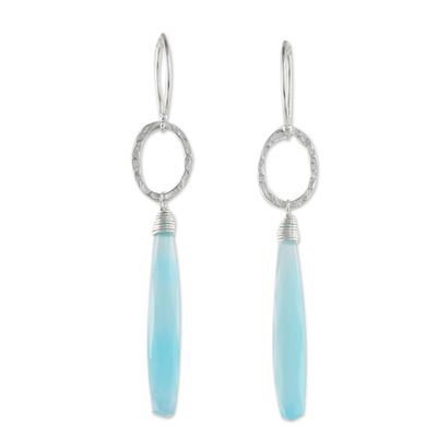 Blue Chalcedony Dangle Earrings with Hammered Silver