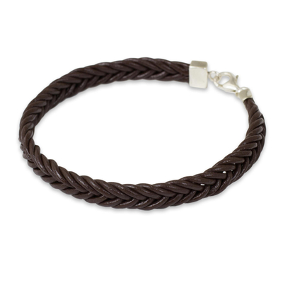 Thai Brown Leather Braided Bracelet with Silver Clasp
