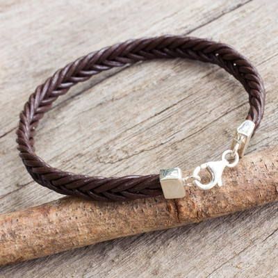 Braided leather bracelet, 'Assertive in Brown' - Thai Brown Leather Braided Bracelet with Silver Clasp