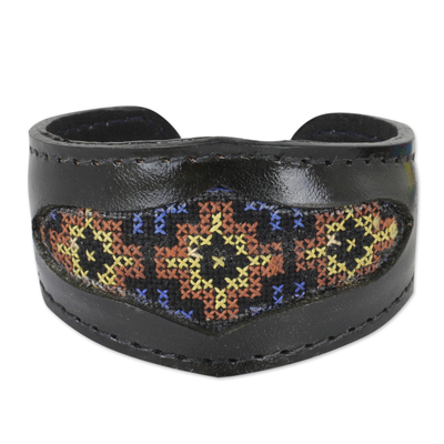 Leather and cotton cuff bracelet, 'Karen Cross Stitch' - Handcrafted Leather Bracelet with Karen Tribe Embroidery
