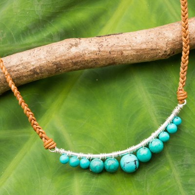 Calcite and leather pendant necklace, 'Ko Phangan Beach' - Calcite and Braided Leather Necklace with Sterling Silver