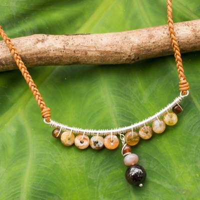 Garnet and jasper leather pendant necklace, 'Koh Mak Island' - Jasper and Garnet Hand Braided Leather Necklace with Silver