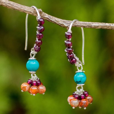 Garnet and jasper dangle earrings, 'Folk Dancer' - Thai Handcrafted Gemstone Dangle Earrings