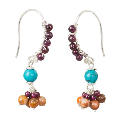 Garnet and jasper dangle earrings, 'Folk Dancer' - Thai Handcrafted Gemstone Dangle Earrings