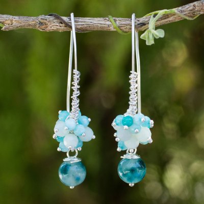 Quartz cluster earrings, 'Casual Enchantment' - Blue and White Quartz Handcrafted Silver Cluster Earrings