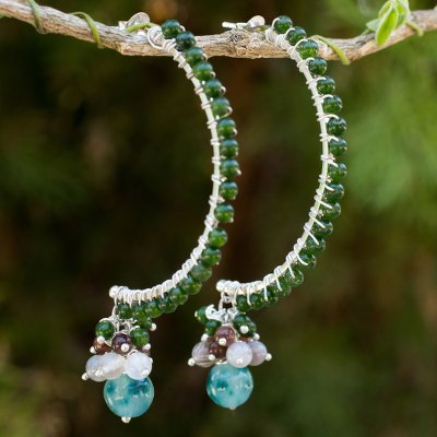 Quartz and agate half-hoop earrings, 'Happy Chorus' - Silver Half Hoop Earrings with Quartz and Agate