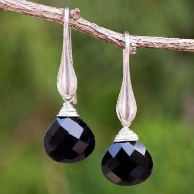 Onyx dangle earrings, 'Sophisticated Ebony' - Sterling Silver Dangle Earrings with Onyx Briolettes