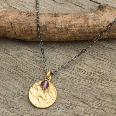 Gold plated amethyst pendant necklace, 'Lilac Harvest Moon' - Gold Plated and Amethyst Pendant Necklace on Sterling Chain