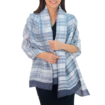 Rayon and silk blend shawl, 'Grey Plaid Batik' - Artisan Crafted Thai Silk Blend Shawl in Grey on White