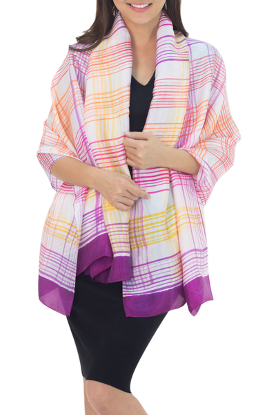 Rayon and silk blend shawl, 'Sunny Rose Plaid' - Fair Trade Pink and Purple Silk Blend Shawl with Yellow