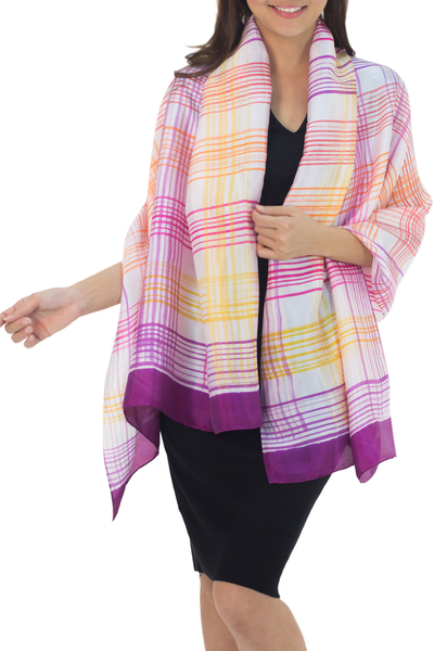 Rayon and silk blend shawl, 'Sunny Rose Plaid' - Fair Trade Pink and Purple Silk Blend Shawl with Yellow