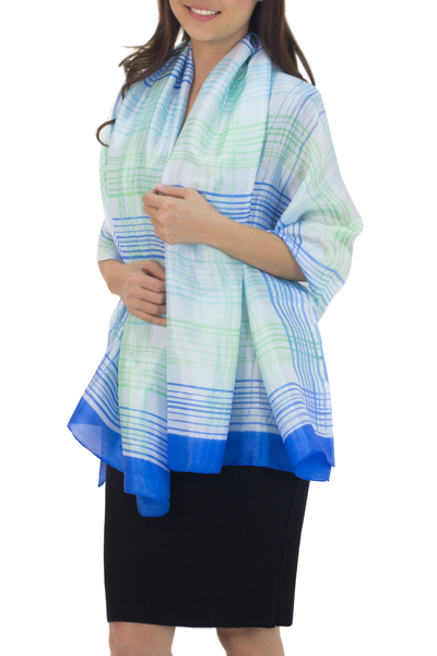 Rayon and silk blend shawl, 'Cool Blue Plaid' - Blue and White Handcrafted Silk Blend Shawl with Green
