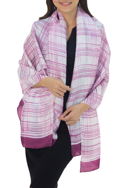 Rayon and silk blend shawl, 'Pink Plaid Batik' - Thai White Silk Blend Shawl with Pink Batik
