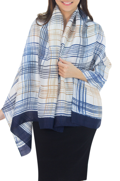 Rayon and silk blend shawl, 'Blue Plaid Song' - Thai Silk Blend Batik Shawl in Blue and Brown