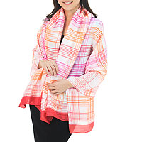 Rayon and silk blend batik shawl, 'Tropical Plaid' - Thai White Silk Blend Shawl with Pink and Orange Batik