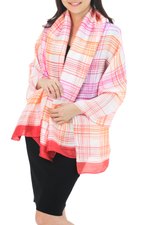 Rayon and silk blend batik shawl, 'Tropical Plaid' - Thai White Silk Blend Shawl with Pink and Orange Batik