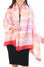 Rayon and silk blend batik shawl, 'Tropical Plaid' - Thai White Silk Blend Shawl with Pink and Orange Batik