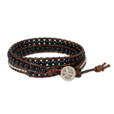 Onyx Beads on Brown Leather Wrap Bracelet from Thailand