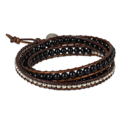 Onyx wrap bracelet, 'Hill Tribe Boheme' - Onyx Beads on Brown Leather Wrap Bracelet from Thailand