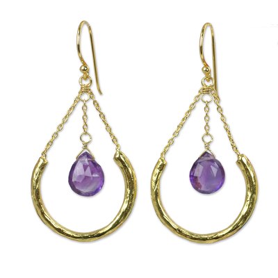 Gold plated amethyst dangle earrings, 'Smiling Moons' - Amethyst on Gold Plated Dangle Earrings from Thailand