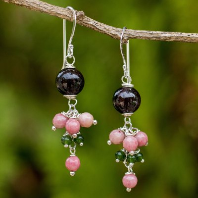 Rhodonite and garnet dangle earrings, 'Jingle' - Handcrafted Thai Gemstone Earrings