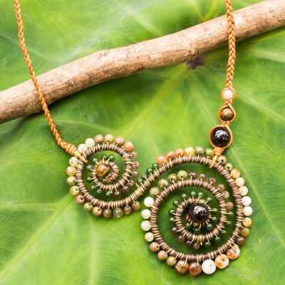 Multi-gemstone and leather pendant necklace, 'Tan Curlicue' - Gemstone and Braided Leather Necklace with Silver Clasp