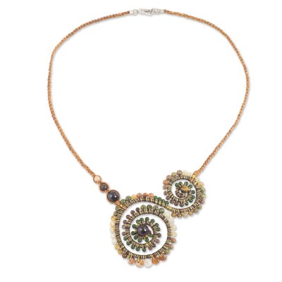 Multi-gemstone and leather pendant necklace, 'Tan Curlicue' - Gemstone and Braided Leather Necklace with Silver Clasp