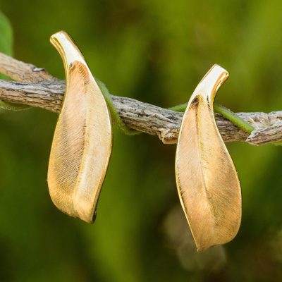 Gold vermeil button earrings, 'Solitary Leaf' - Artisan Crafted Gold Vermeil Earrings