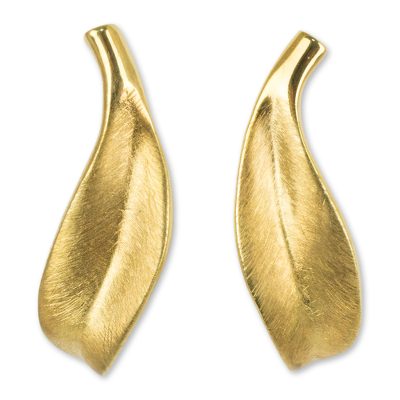 Gold vermeil button earrings, 'Solitary Leaf' - Artisan Crafted Gold Vermeil Earrings