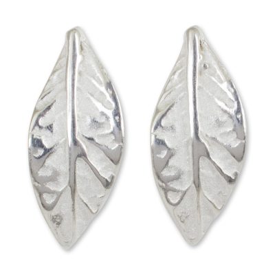 Sterling silver button earrings, 'Young Leaf' - Modern Handcrafted Sterling Silver Leaf Earrings