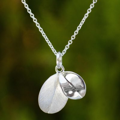 Sterling silver pendant necklace, 'Moonlit Leaves' - Thai Sterling Silver Double Leaf Pendant Necklace