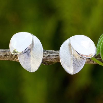 Sterling silver button earrings, 'Moonlit Leaves' - Sterling Silver Handcrafted Nature Inspired Earrings